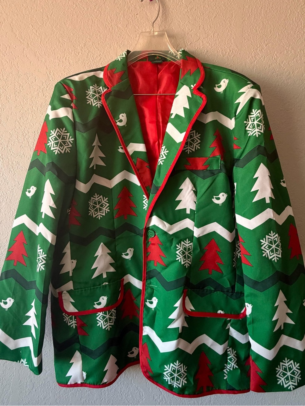 Men's Green Red White Christmas Pattern Blazer, XL Polyester Lined 2-Button
